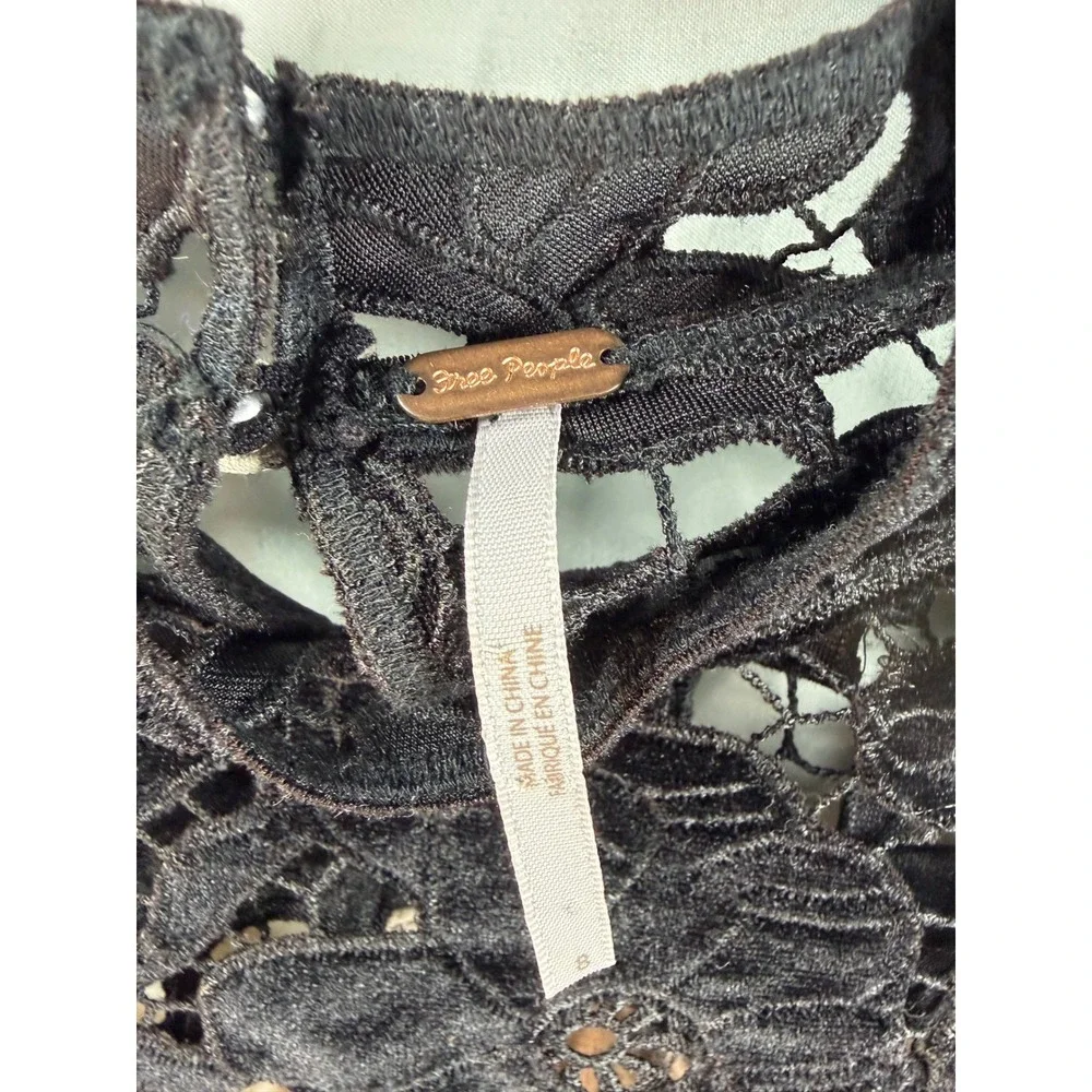 Velvet Lace Free People Crop Top Long Sleeve Black Cream Boho Victorian Blouse